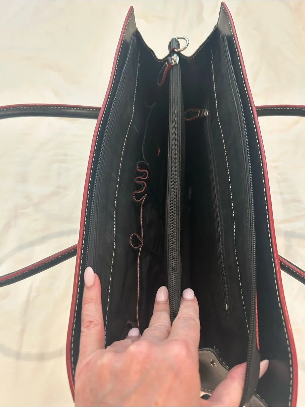 Lodis Audrey Black Leather Laptop Tote Bag Red Trim White Stitching